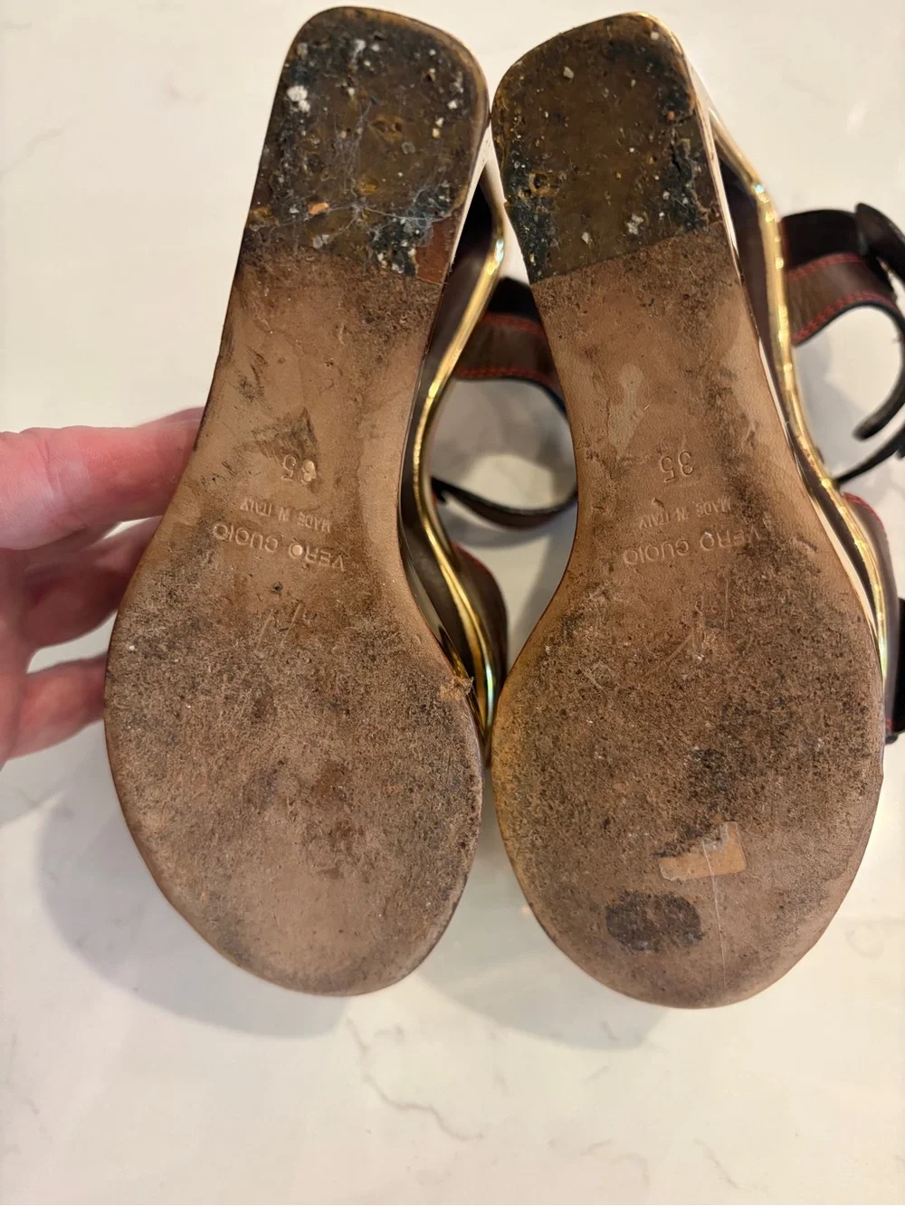 GIUSEPPE ZANOTTI “Bloc” sandals with gold wedge heel. Size 35 or U.S. 5. SO FUN!